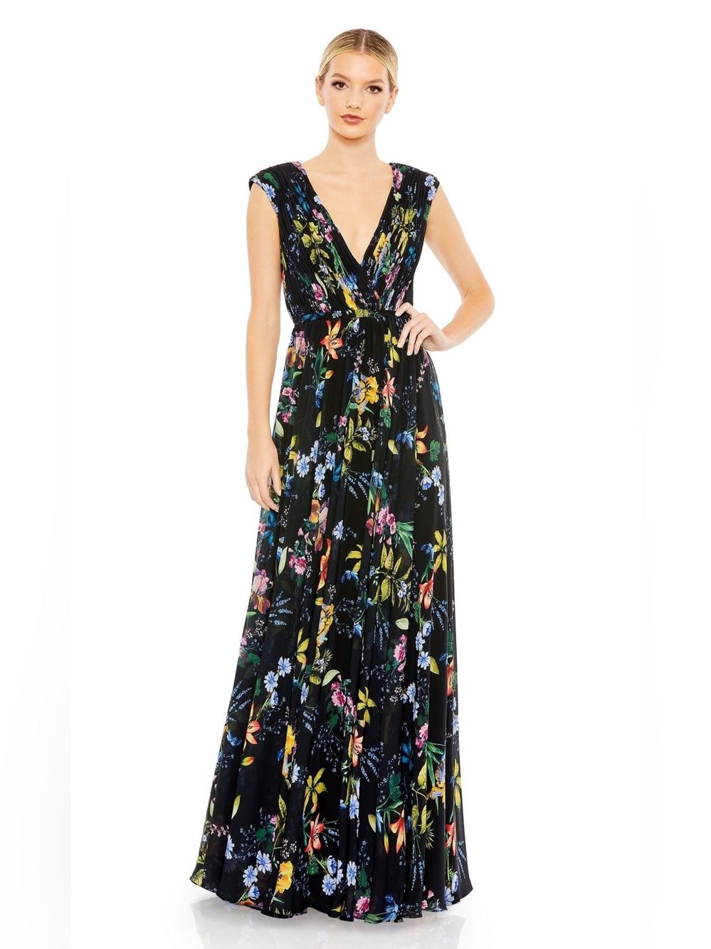 Ieena Mac Duggal Black Multi Pleated Floral A-Line Gown Dress Size 12 $398 55829
